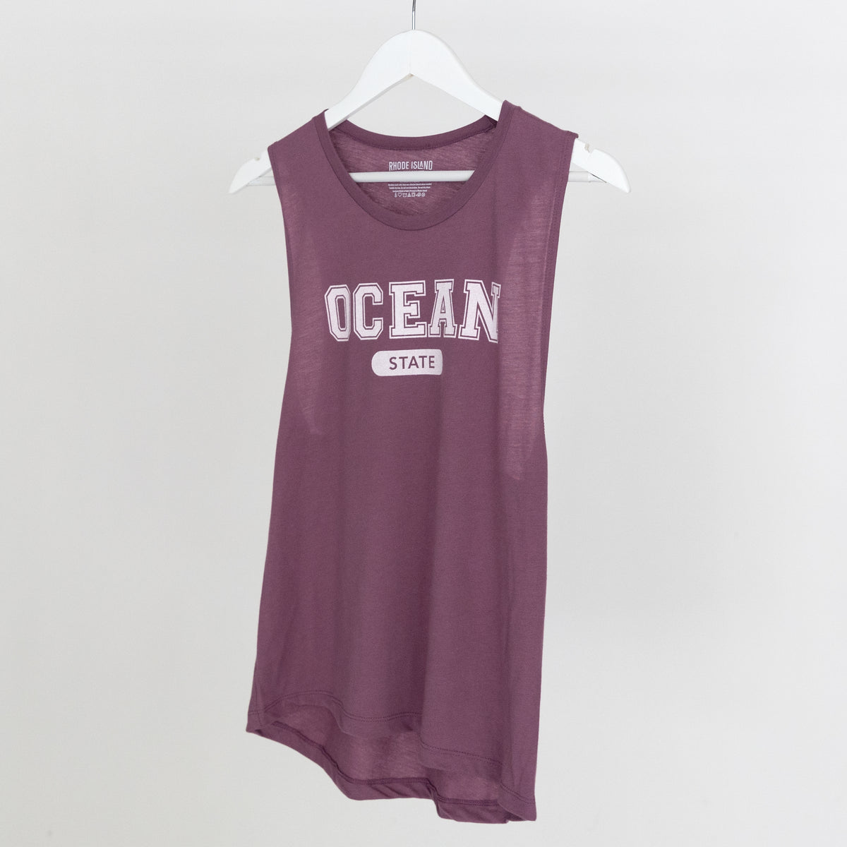 Ladies Ocean State Muscle Tank- Shiraz w/white print